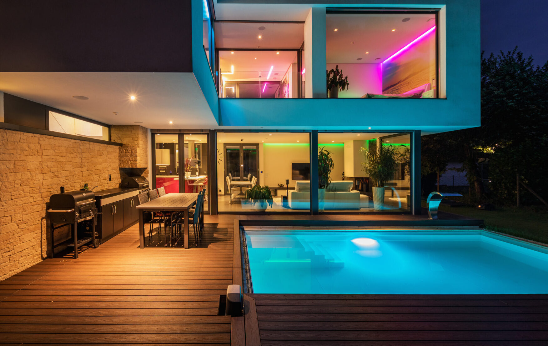 Home outdoor custom Lighting and surround sound system around pool